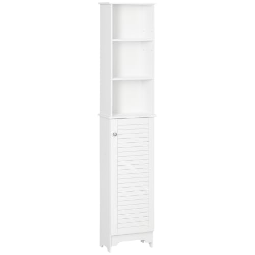 HOMCOM Badezimmerschrank mit höhenverstellbarem Regal Badmöbel mit Lamellentür Badezimmer-Hochschrank MDF Spanplatte Weiß 34 x 20 x 165 cm von HOMCOM
