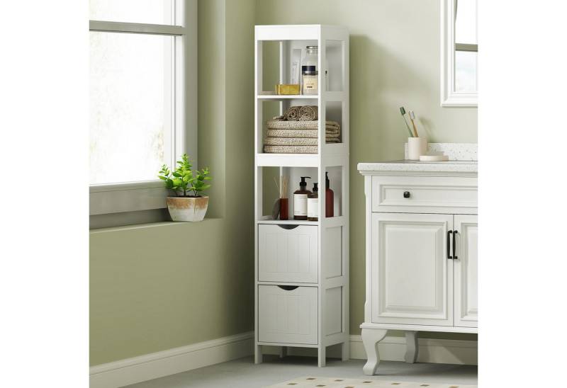 HOMCOM Badkommode Kompaktes Badezimmerachrank mit 2 Schubladen und 3 offenen Fächern (Badregal für kleine Räume, 1 St., Toilettenschrank), für kleine Räume Badezimmer, Wohnzimmer 30 x 30 x 141,2 cm Weiß von HOMCOM