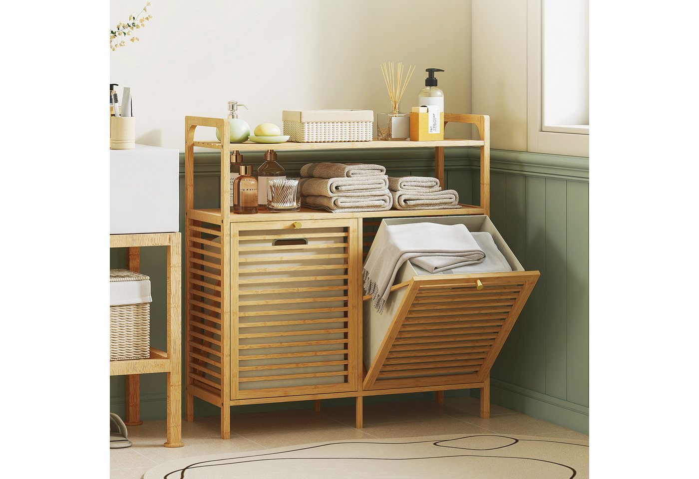 HOMCOM Badkommode Wäscheschrank, freistehendes Bambusregal mit 2 Wäschekörben (Wäschesammler, 1 St., Badmöbel), für Badezimmer, Naturholz von HOMCOM