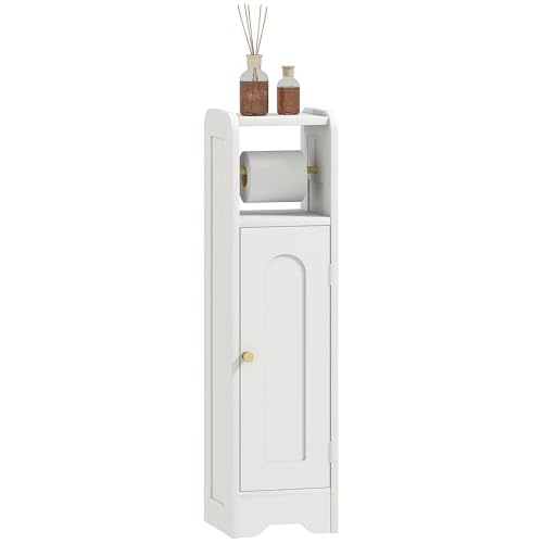 HOMCOM Badmöbel, schmal, WC-Regal, Toilettenpapierhalter mit verstellbarem Regal, platzsparend für kleine Räume, Weiß von HOMCOM