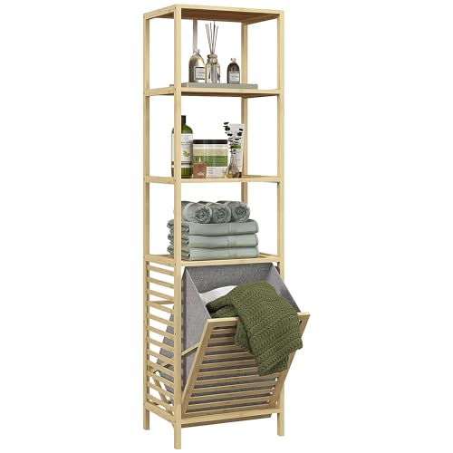 HOMCOM Badregal mit Wäschekorb, Badezimmerregal mit 3 Ebenen, Ausziehbarem Stoffkorb, Badschrank mit Kippschutz für Wohnzimmer, Badezimmer, Bambus, 44 x 33 x 160 cm von HOMCOM