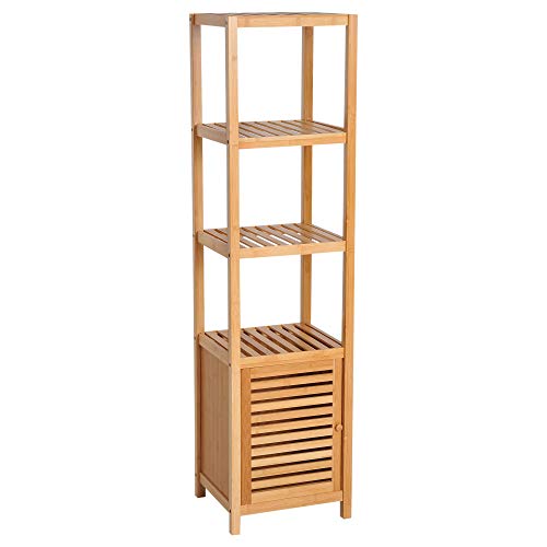 HOMCOM Badschrank Badezimmerschrank mit 3 offenen Fächern, Aufbewahrungsschrank aus Bambus, Toilettenschrank für Badezimmer, Natur, 36 x 33 x 140 cm von HOMCOM