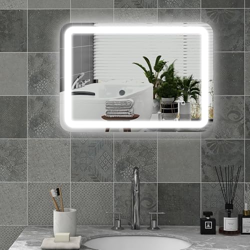 HOMCOM Badspiegel mit Beleuchtung 50 x 70 cm LED Spiegel mit 3 Lichtfarben Wandspiegel mit Touchschalter, Memory-Funktion Lichtspiegel Beschlagfrei Silber von HOMCOM