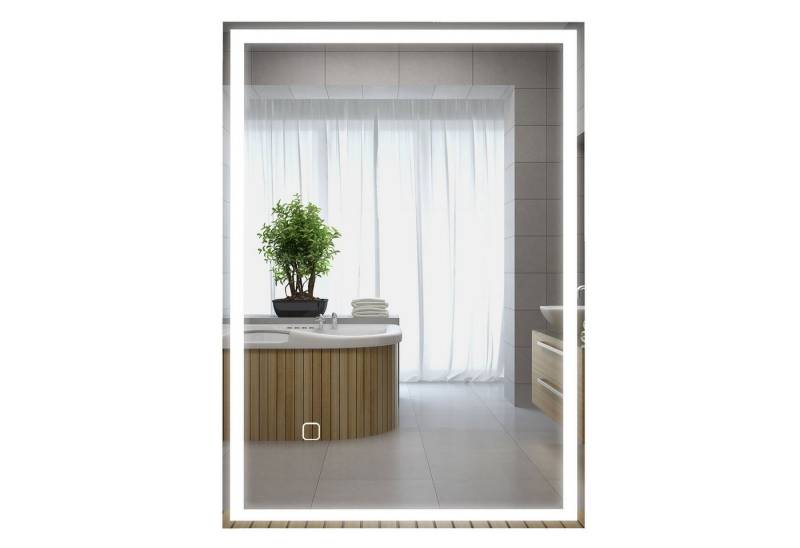 HOMCOM Badspiegel 70 x 50 cm Badezimmerspiegel mit LED-Leuchte (Wandspiegel mit 3 Lichtfarben, 1-St., beschlagfreier Lichtspiegel mit Touchschalter), IP44, Silber von HOMCOM