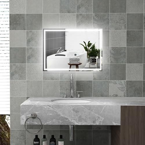 HOMCOM Badspiegel mit Beleuchtung 70 x 50 cm LED Spiegel mit Memory-Funktion Wandspiegel mit Touchschalter, Beschlagfreier Lichtspiegel mit 3 Lichtfarben Weiß von HOMCOM