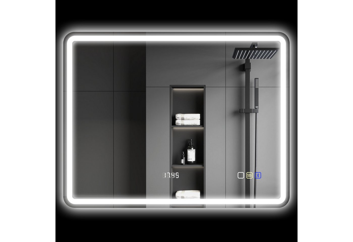 HOMCOM Badspiegel mit Beleuchtung 70x50 cm LED Spiegel mit Bluetooth-Musikfunktion (Wandspiegel mit Touchschalter Memory-Funktion, 1-St., Lichtspiegel Beschlagfrei), mit 3 Lichtfarben Silber von HOMCOM