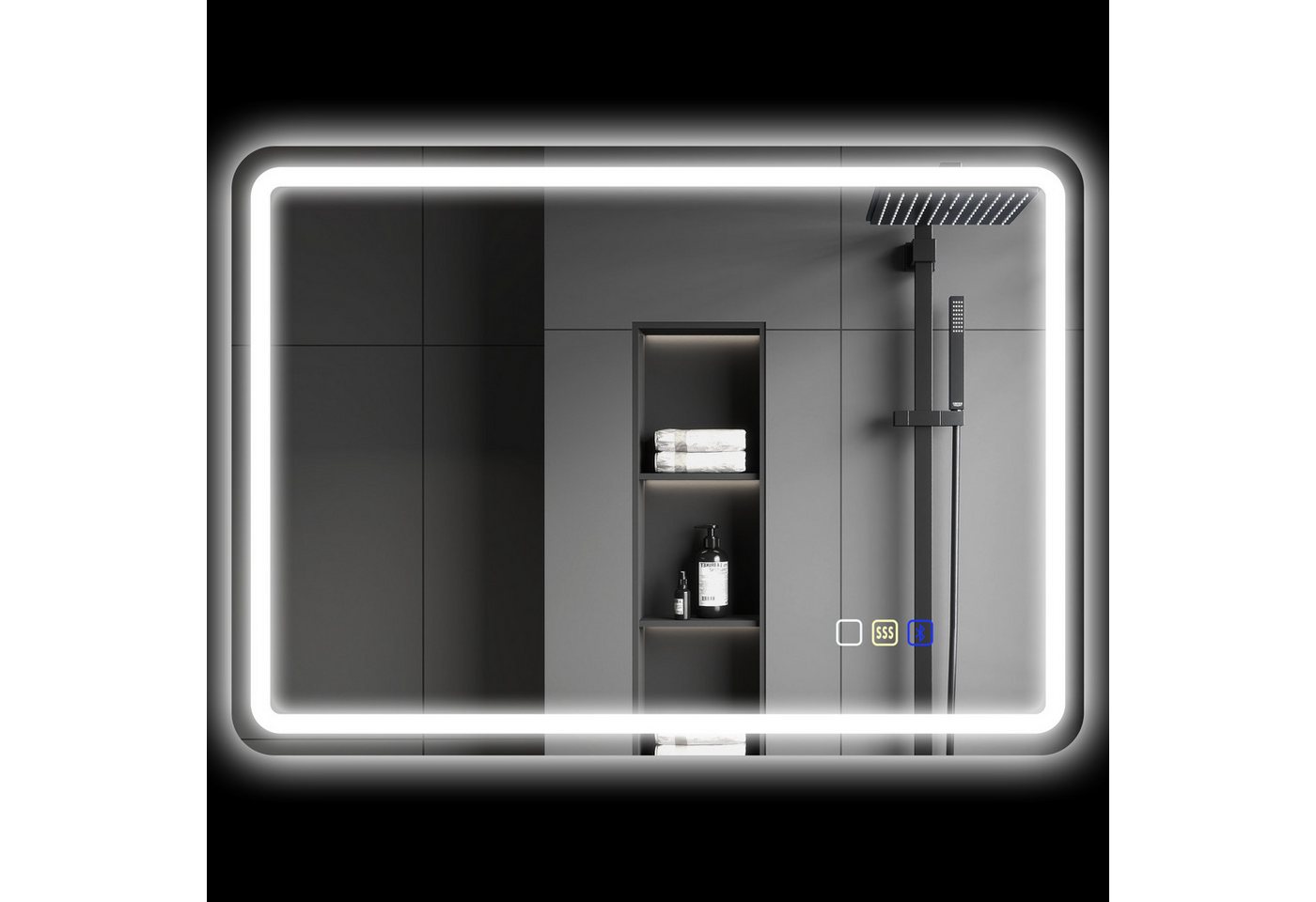 HOMCOM Badspiegel mit Beleuchtung 70x50 cm LED Spiegel mit Bluetooth-Musikfunktion (Wandspiegel mit Touchschalter Memory-Funktion, 1-St., Lichtspiegel Beschlagfrei), mit 3 Lichtfarben Silber von HOMCOM