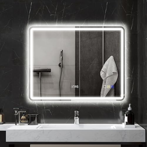 HOMCOM Badspiegel mit Beleuchtung 70x90 cm LED Spiegel Wandspiegel mit Bluetooth-Musikfunktion Uhr Touchschalter Memory-Funktion Lichtspiegel Beschlagfrei mit 3 Lichtfarben Silber von HOMCOM