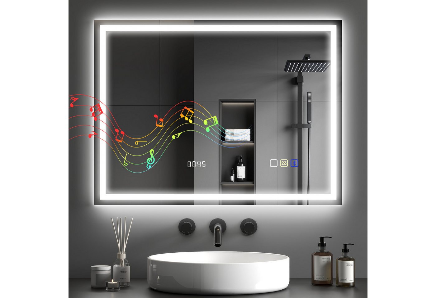 HOMCOM Badspiegel mit Bluetooth-Musikfunktion Memory-Funktion Uhr 3 Lichtfarben (LED Spiegel Wandspiegel, 1-St., Beschlagfrei Lichtspiegel), mit Touchschalter Silber von HOMCOM