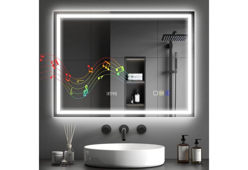 HOMCOM Badspiegel mit Bluetooth-Musikfunktion Memory-Funktion Uhr 3 Lichtfarben (LED Spiegel Wandspiegel, 1-St., Beschlagfrei Lichtspiegel), mit Touchschalter Silber von HOMCOM