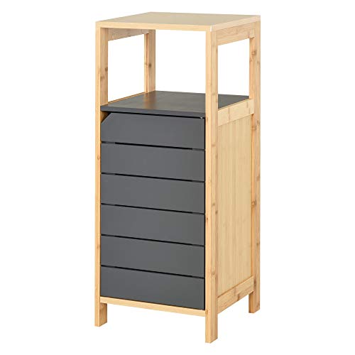 HOMCOM Badzimmerschrank Badeschrank Multifunktionsschrank 3-Stöckig Einstellbar MDF+Bambus Grau 32x30x80 cm von HOMCOM