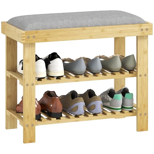 HOMCOM Bambus-Schuhbank Schuhablage mit gepolsterter Sitzfläche 2 Ablagen für 6 Paar Schuhe für Eingangshalle Schlafzimmer 60x29x49 cm Natur & Grau HOMCOM Bambus-Schuhbank Schuhablage mit gepolsterter Sitzfläche 2 Ablagen für 6 Paar Schuhe für Eingangshalle Schlafzimmer 60x29x49 cm Natur & Grau von HOMCOM