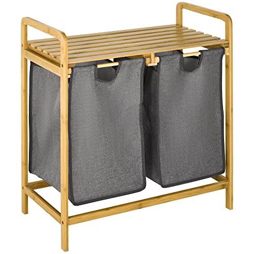HOMCOM Bambus Wäschekorb 2 Fächer Wäschesammler mit Griff, 2 abnehmbaren Wäschesacke, Plattform, Wäschebox Wäschesortierer für Waschküche Schlafzimmer Badezimmer Natur+Grau von HOMCOM