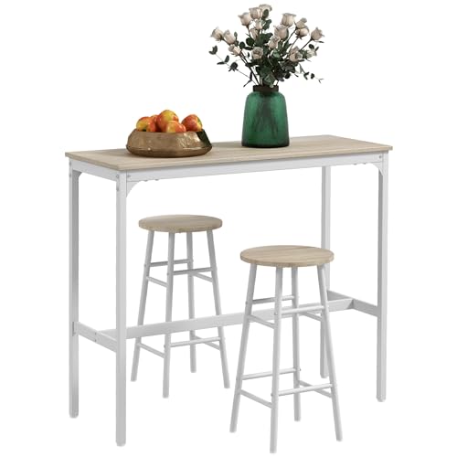 HOMCOM Bar-Set Bistrotisch + 2 Hocker mit Fußstütze, Stehtisch, Struktur aus Stahl, industrielles Design, hohe Küche, Platte in Holzoptik, Weiß von HOMCOM