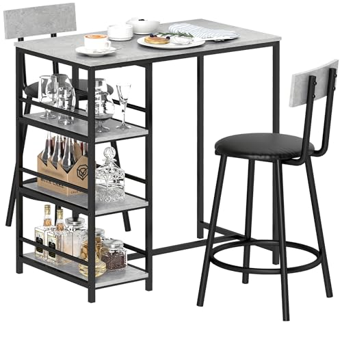 HOMCOM Bar-Set mit 2 Hockern, Bartisch mit 3 Ablagen, hoher Tisch mit Barhockern mit Rückenlehne, Bartisch für Esszimmer, Wohnzimmer und Küche, hellgrau von HOMCOM