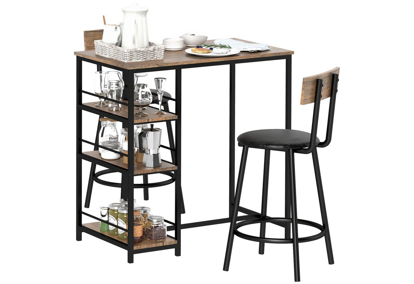HOMCOM Bargruppe 3-tlg. Bartisch-Set mit Küchentisch, 3 Ablagen, 2 Barstühlen, (3-tlg) von HOMCOM