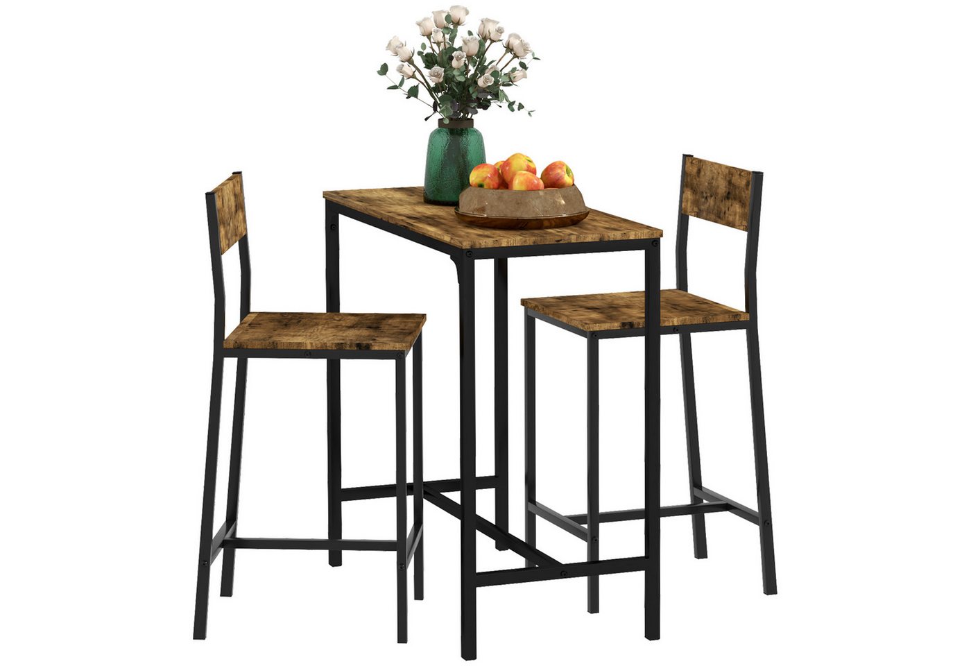 HOMCOM Bargruppe Bartisch Set Bartisch mit Barhocker-Set, (Esstisch, 3-tlg., Esstisch mit 2 Stühlen), für Esszimmer, Küche, Rustikal-Braun von HOMCOM