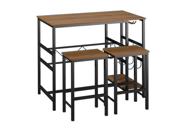 HOMCOM Bargruppe Stehtisch mit 2 Barhockern, (Tischset, 3-tlg., Küchentresen mit Flaschenhalterung), Natur+Schwarz Spanplatte Stahl von HOMCOM
