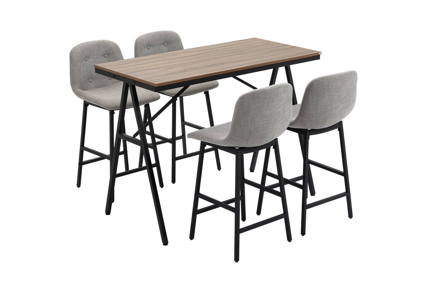 HOMCOM Bargruppe Bartisch mit Barhockern im Industrie-Design, (5-tlg), Hellbraun+Hellgrau+Schwarz von HOMCOM