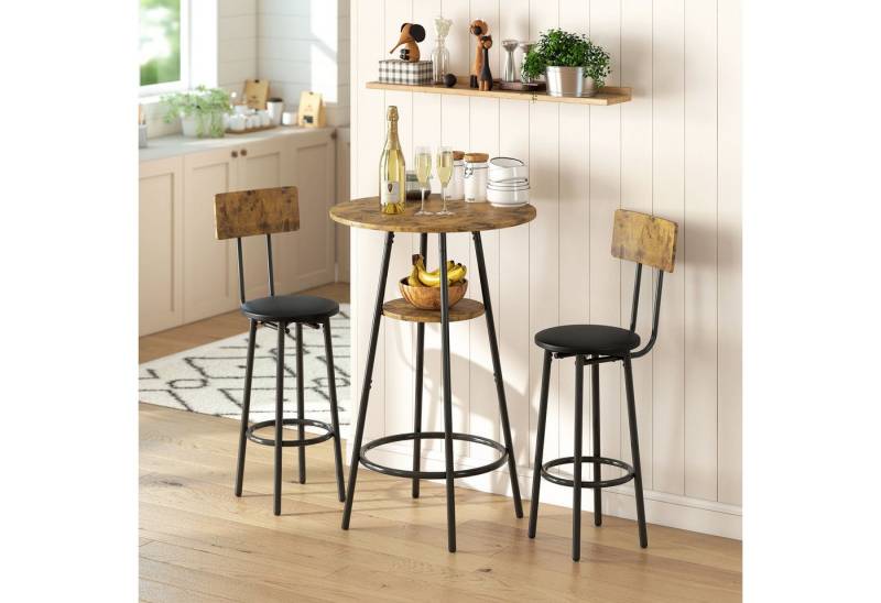 HOMCOM Bargruppe Metallgestell, (Bartisch mit Barhocker Set, 3-tlg., Esstisch mit 2 Stühlen), Platzsparendes Design, Rustikal-Braun von HOMCOM
