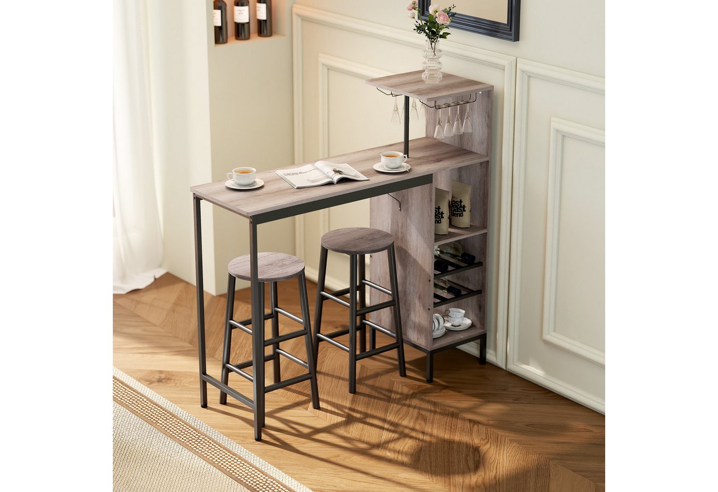 HOMCOM Bargruppe mit Stauraum, Fußstütze, (Bartisch-Set, 3-tlg., Esstisch mit 2 Stühlen), Platzsparendes Design, Grau von HOMCOM