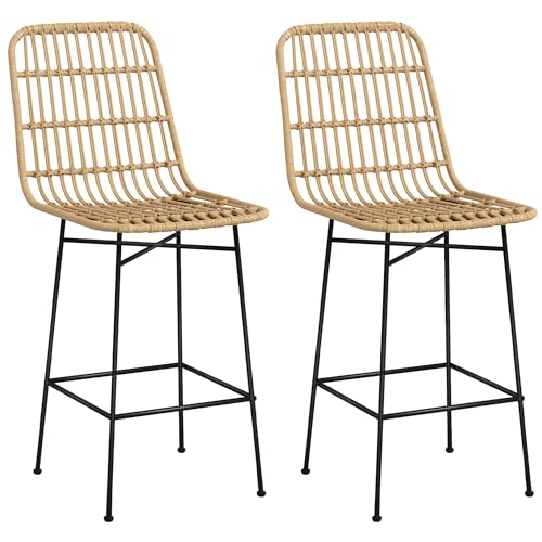 HOMCOM Barhocker 2er-Set, Barstuhl, Tresenhocker mit Rückenlehne aus PE-Rattan, Thekenstühle im Boho-Design, Küchenhocker für Küche, Esszimmer, Stahl, Gelb von HOMCOM