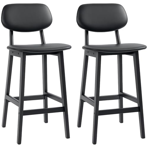 HOMCOM Barhocker 2er Set, Frühstücksbarstühle, PU Leder gepolsterte Küchenhocker mit Rückenlehne, Fußstützen und Massivholzbeinen, Schwarz von HOMCOM