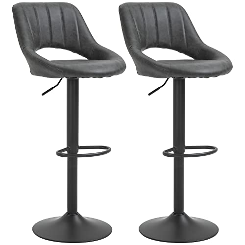 HOMCOM Barhocker 2er Set, Gepolstert Barstuhl mit Metallgestell, Lehne, Höhenverstellbar Küchenstühle mit Fußstütze, 360° Drehbar, Tresenhocker für Küche, Wohnzimmer, Esszimmer, Kunstleder, Grau von HOMCOM