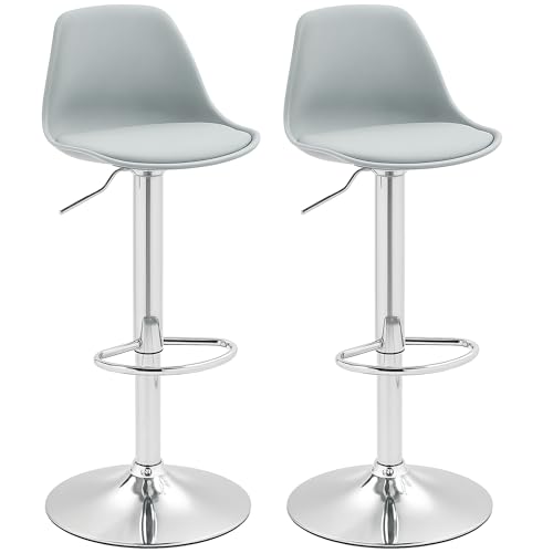 HOMCOM Barhocker 2er Set, Gepolstert Barstuhl mit Stahlgestell, Lehne, Höhenverstellbar Küchenstühle mit Fußstütze 360° Drehbar Tresenhocker für Küche, Wohnzimmer, Esszimmer, Kunstleder Grau von HOMCOM