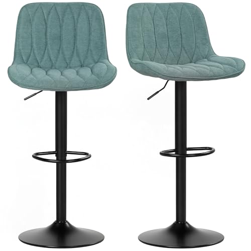 HOMCOM Barhocker 2er Set, höhenverstellbare Drehbarhocker mit Rückenlehne und Fußstütze, Moderne Leinen gepolsterte armlose Barstühle für Küche, Frühstückstheke, Blau von HOMCOM
