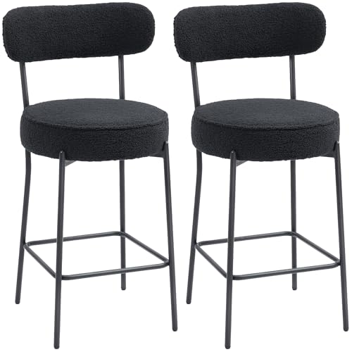 HOMCOM Barhocker 2er Set Barstühle, Küchenstühle mit Fußstütze, Lehne, Fleece-Optik, 68 cm Sitzhöhe Gepolstert Tresenhocker mit Stahlgestell für Küche, Esszimmer, Wohnzimmer Schwarz von HOMCOM