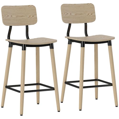 HOMCOM Barhocker 2er Set Barstuhl Tresenhocker mit Rückenlehne und Fußstütze, Küchenstühle mit Stahlbeine für Küche, Wohnzimmer, Esszimmer Natur von HOMCOM