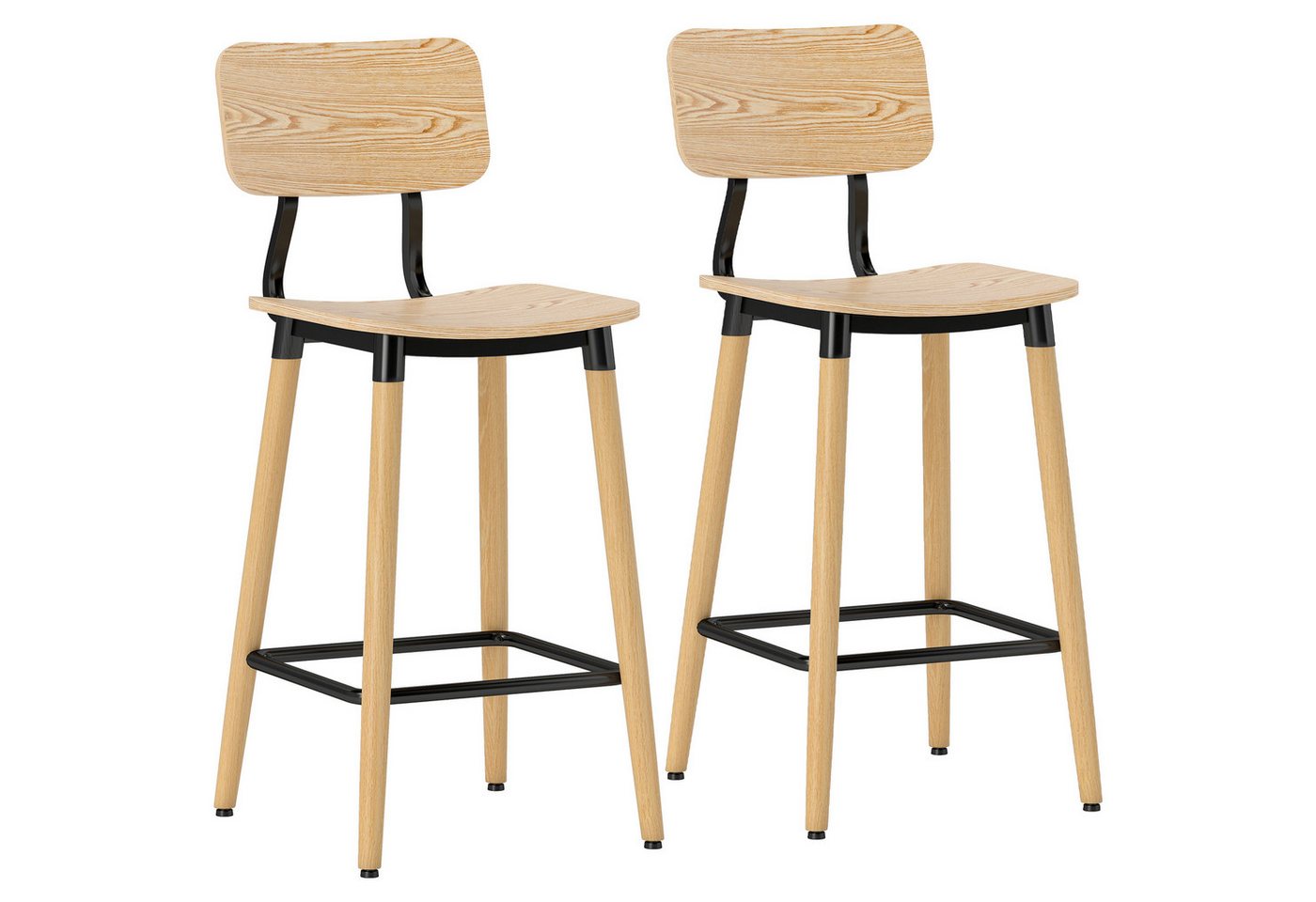 HOMCOM Barhocker 2er Set Barstuhl mit Rückenlehne und Fußstütze (Tresenhocker, 2 St., Küchenstühle), für Küche, Wohnzimmer, Esszimmer Natur von HOMCOM