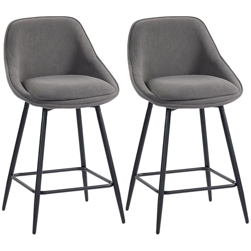 HOMCOM Barhocker 2er Set Tresenhocker Barstuhl mit Fußstütze, Rückenlehne, Kord-Optik, Sitzhöhe 65 cm Küchenstühle mit Stahlgestell Sessel für Küche, Esszimmer Grau von HOMCOM
