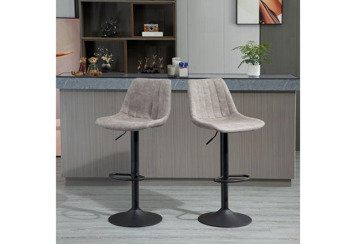 HOMCOM Barhocker Höhenverstellbar Küchenstühle mit Fußstütze, 360° Drehbar (Barstühle, 2 St., Modern Tresenhocker), Mikrofasertuch, Grau, für Küche, Wohnzimmer, Esszimmer von HOMCOM