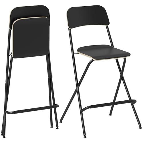 HOMCOM Barhocker Klappbar 2er Set Klapphocker Barstuhl mit Rückenlehne Stahlrahmen und Fußstütze 96 cm Höhe Tresenhocker für Küche, Esszimmer, Schwarz von HOMCOM