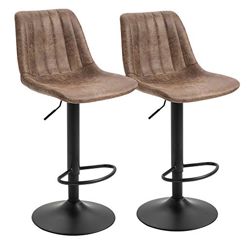 HOMCOM Barhocker 2er Set, Gepolstert Barstuhl mit Metallgestell, Lehne, Höhenverstellbar Küchenstühle mit Fußstütze, 360° Drehbar, Tresenhocker für Küche, Wohnzimmer, Esszimmer, Mikrofasertuch, Braun von HOMCOM