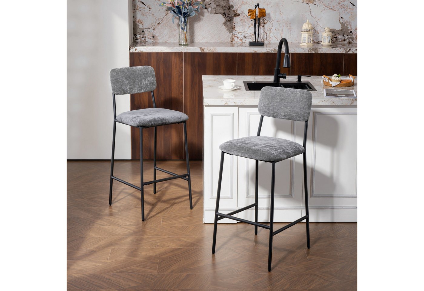 HOMCOM Barhocker mit Rückenlehne, Fußstütze (Barstuhl, 2 St., Bistrohocker), für Küche, Esszimmer, Grau von HOMCOM