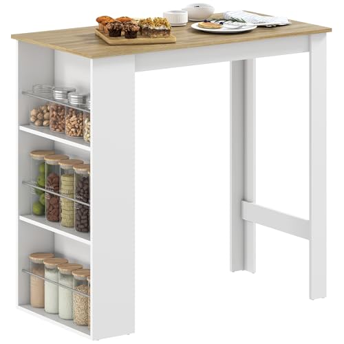 HOMCOM Bartisch Bistrotisch Esstisch Stehtisch mit 3 Seitenablagen und Holzgestell Belastbarkeit 50 kg 112x57x106 cm Weiß von HOMCOM
