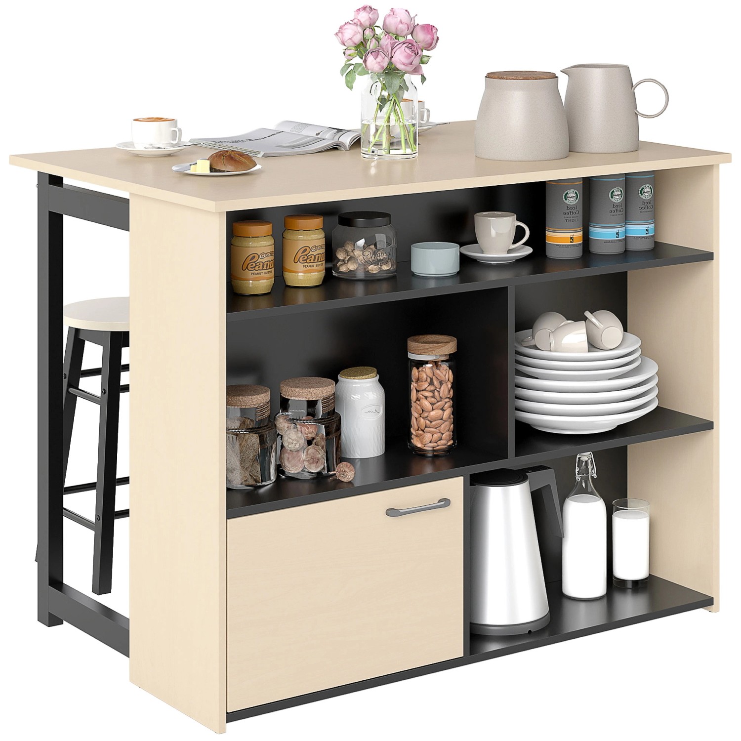 HOMCOM Bartisch Set Spanplatte Schwarz Eiche 116L x 70B x 89,5H cm von HOMCOM