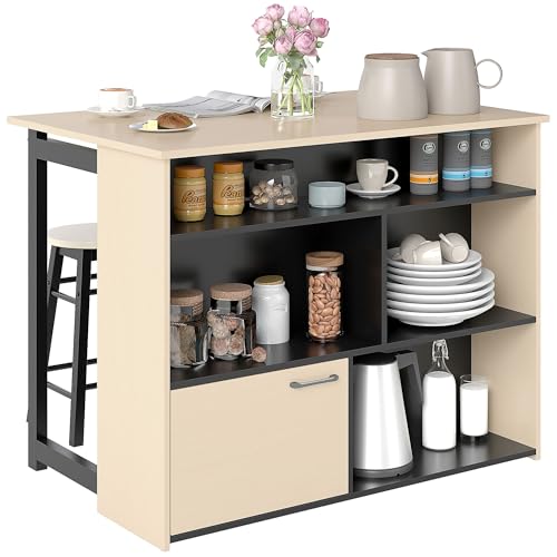 HOMCOM Bartisch mit Barhocker Set, Bartisch Set für 2 Personen, Esstisch mit Klappbarer Tischplatte, Schrank, 2 Stühlen, Fußstütze, Moderner Tresentisch für Esszimmer, Eiche von HOMCOM