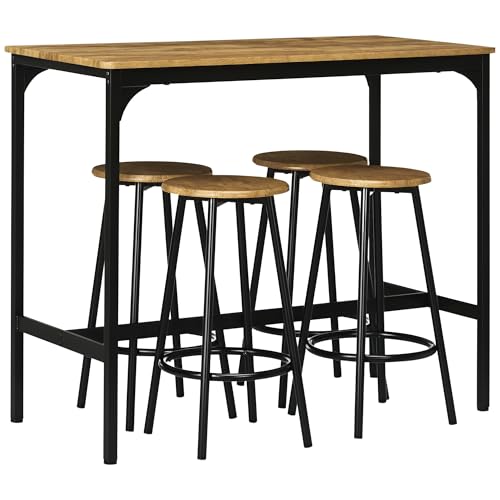 HOMCOM Bartisch mit Barhocker Set, 5-TLG. Bartisch-Set, Küchentisch mit 4 Barhocker, Essgruppe im Industriedesign, für Küche, Esszimmer, Metall, Rustikal-Braun von HOMCOM