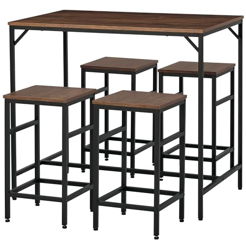 HOMCOM 5-teiliges Bartisch Set Bartisch mit Barhocker-Set Esstisch mit 4 Stühlen Küchentisch für Esszimmer, Küche, Rustikal-Braun+Schwarz von HOMCOM