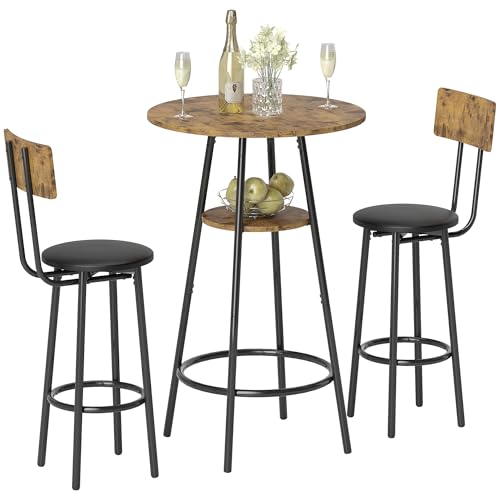 HOMCOM Bartisch mit Barhocker-Set Esstisch mit 2 Gepolsterten Stühlen mit Fußstütze, Metallrahmen, Industrial Bartisch Set Küchetisch mit Ablage für Esszimmer, Kleine Raum, Rustikal-Braun von HOMCOM