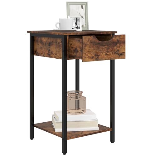 HOMCOM Beistelltisch im industriell Design Nachttisch mit Schublade und offenem Regal, Couchtisch Sofatisch Kaffeetisch für Wohnzimmer Schlafzimmer 40 x 40 x 68 cm Rustikales Braun von HOMCOM