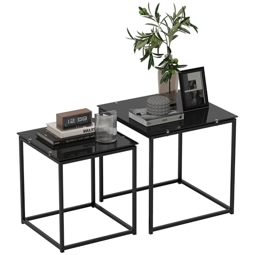 HOMCOM Beistelltisch 2er-Set, Couchtisch-Set, Kaffeetisch mit Glastischplatte, Quadratischer Sofatisch Satztisch für Schlafzimmer, Wohnzimmer, Stahl, Schwarz von HOMCOM