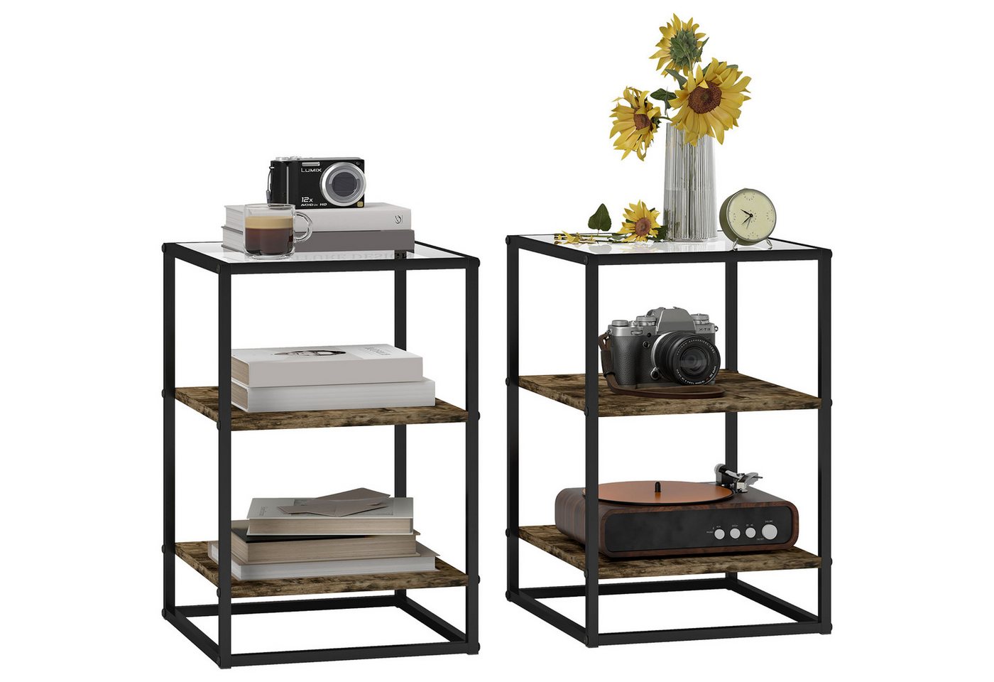 HOMCOM Beistelltisch 2er-Set, mit Glasplatte, 3 Ebene (Couchtisch, 2-St., Wohnzimmertisch), für Wohnzimmer, Schlafzimmer, Flur, 37 x 40 x 55,5 cm, Braun von HOMCOM