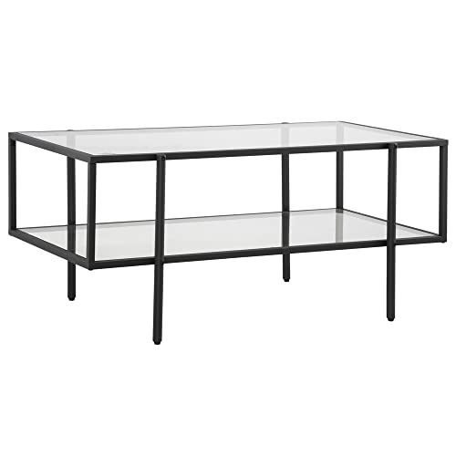 HOMCOM Beistelltisch Glastisch Couchtisch mit Ablage verstellbaren Füsse mit Stahlrahmen Glasplatte Hartglas Schwarz 100 x 55 x 45,5 cm von HOMCOM