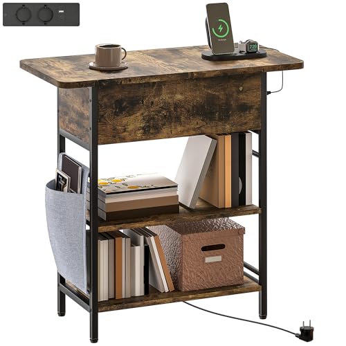 HOMCOM Beistelltisch Nachttisch mit Steckdosenleiste, 2 Ebenen, Couchtisch mit USB-Anschlüssen, Stauraum Wohnzimmertisch Sofatisch für Wohnzimmer Schlafzimmer 60 x 29,8 x 58,5 cm Rustikal Braun von HOMCOM