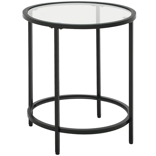 HOMCOM Beistelltisch Rund Couchtisch mit Tischplatte aus Glas, Metallrahmen, Kaffeetisch, Nachttisch für Wohnzimmer, Schlafzimmer, Schwarz, Ø48 x 54,7 cm von HOMCOM